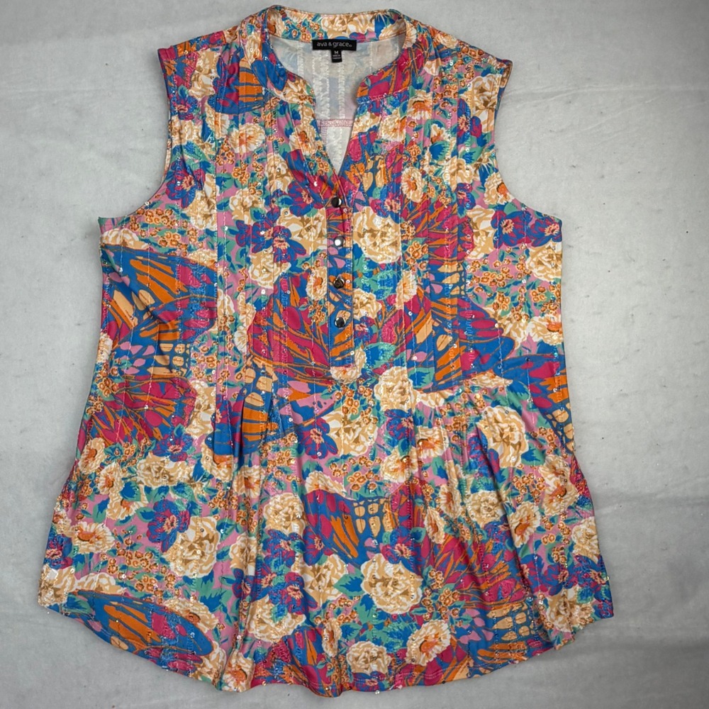 Ava & Grace Womens Medium Floral Butterfly Sequin Pintuck Sleeveless Blouse Top